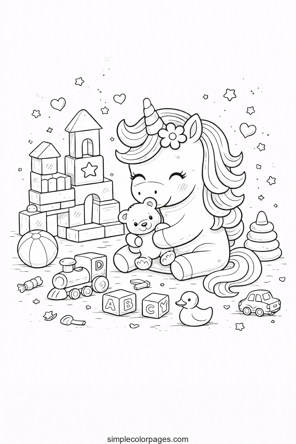 Preview of Unicorn Playing with Toys Coloring Page