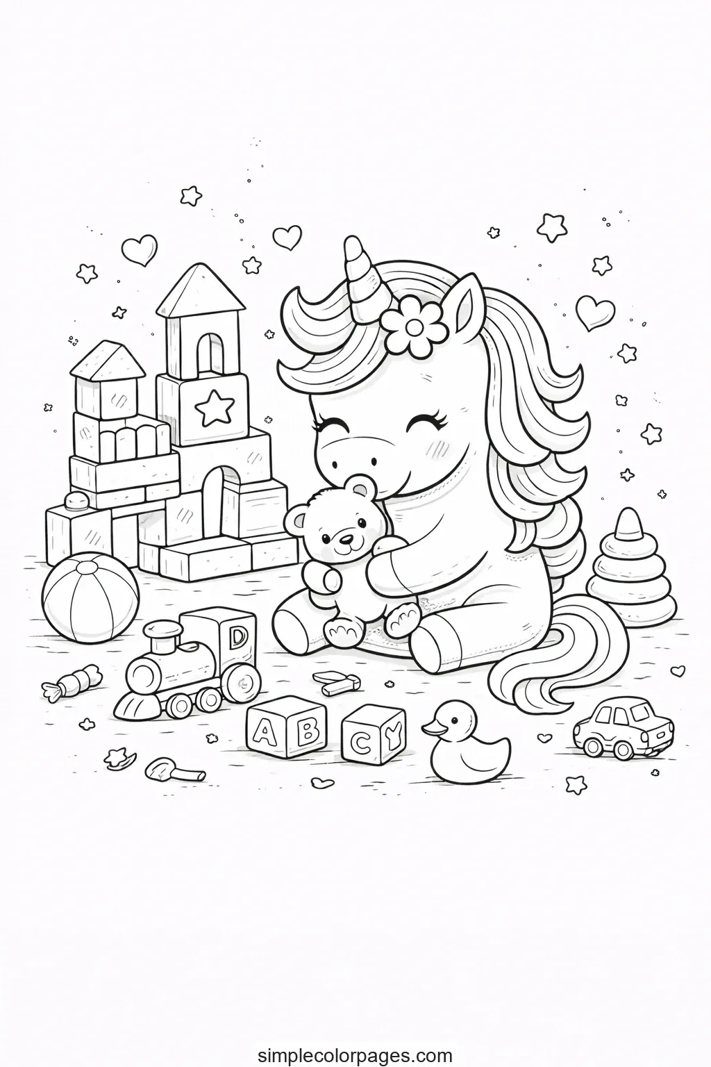 Preview of Unicorn Playing with Toys Coloring Page