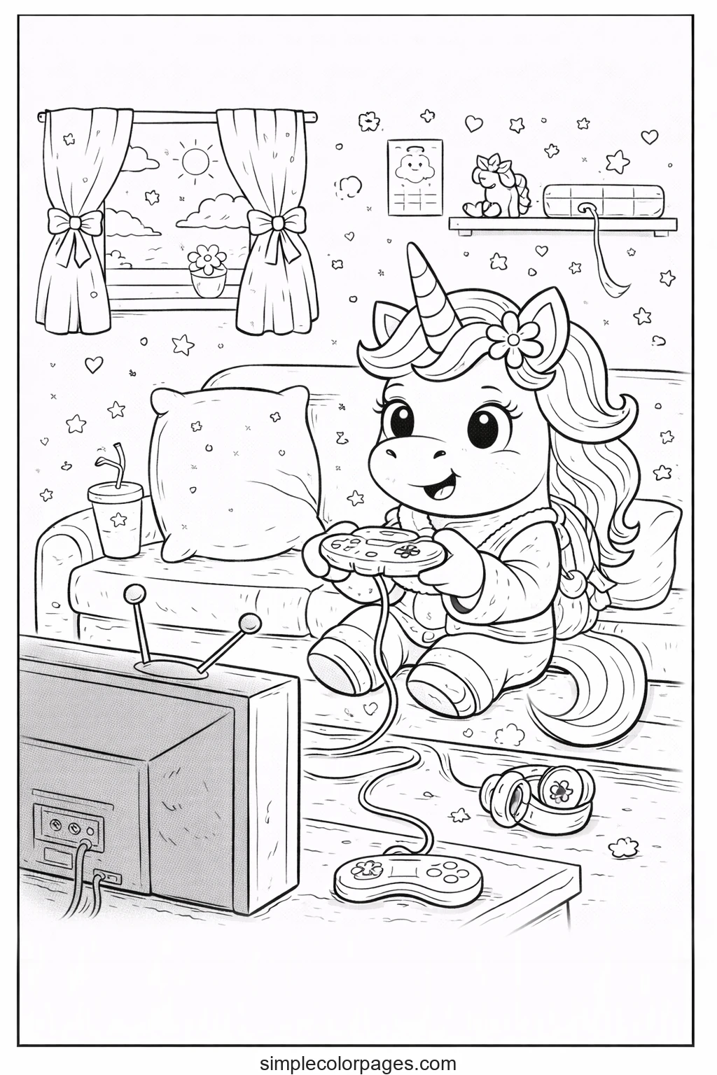 Preview of Unicorn Playing Video Game Coloring Page