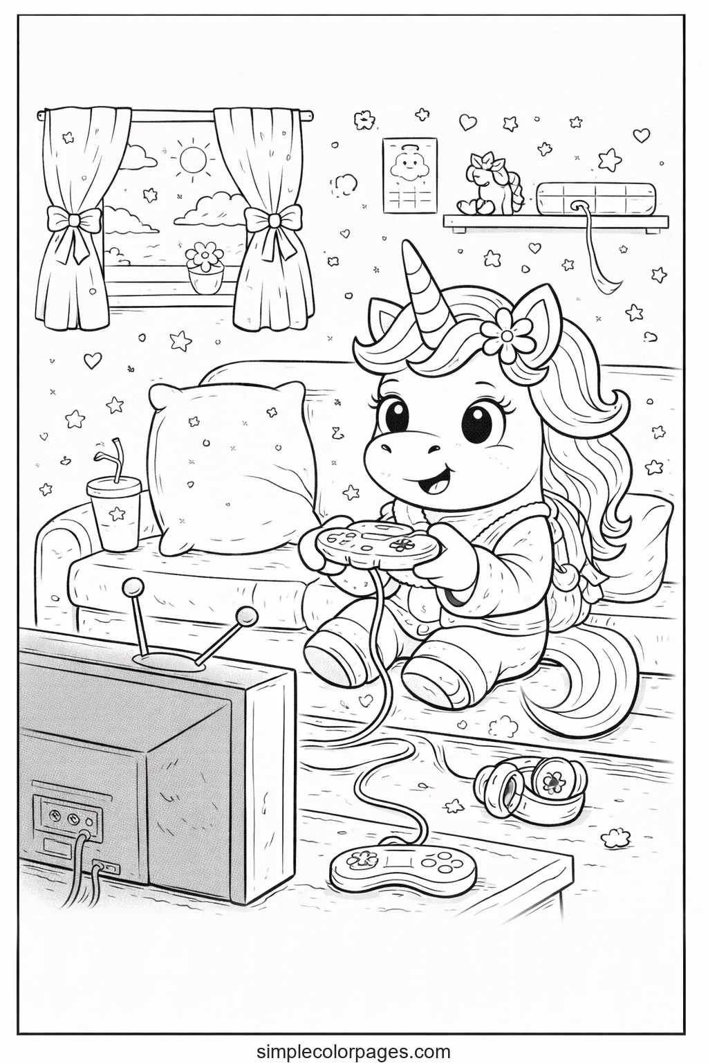 Preview of Unicorn Playing Video Game Coloring Page