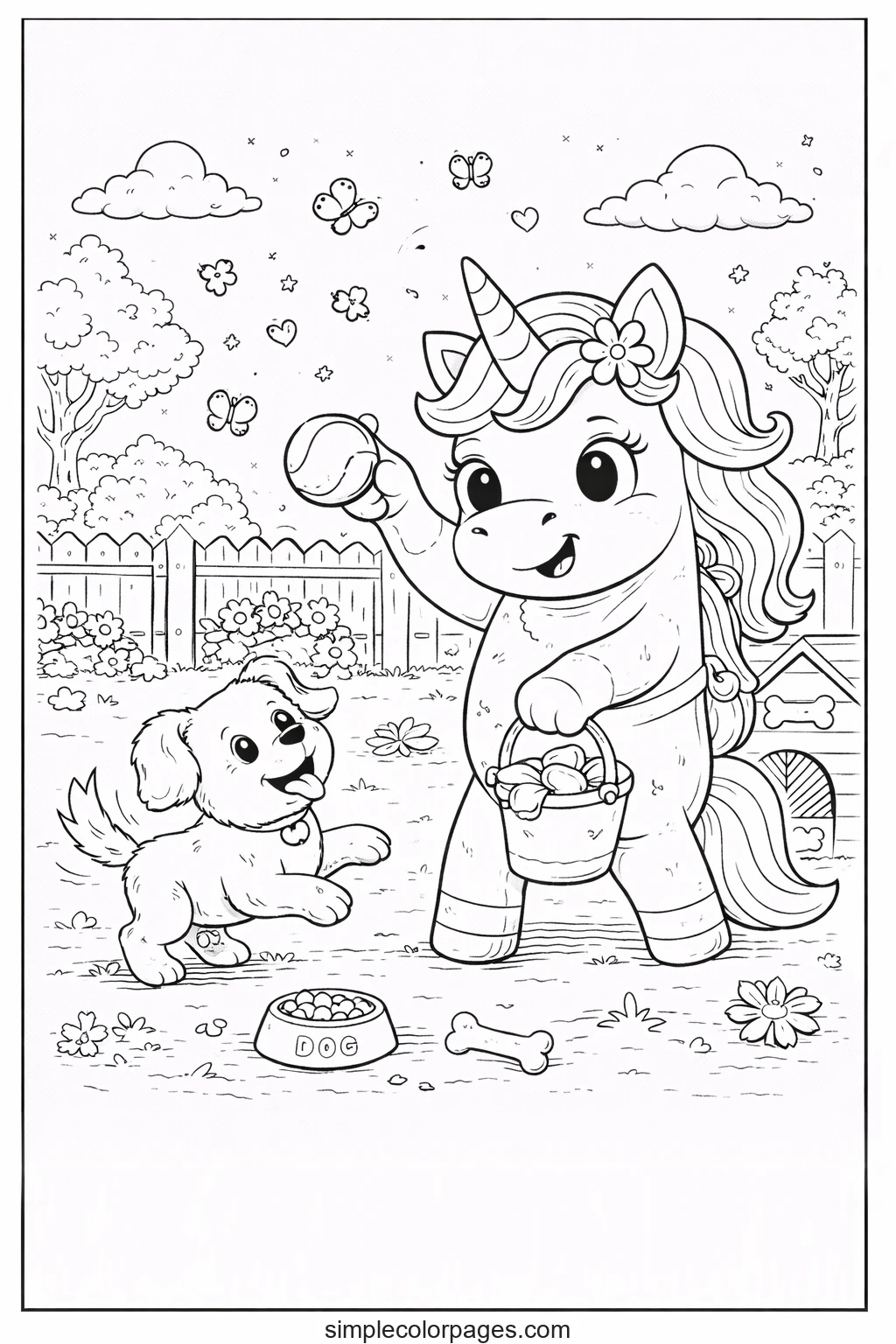 Preview of Unicorn Playing with Dog Coloring Page