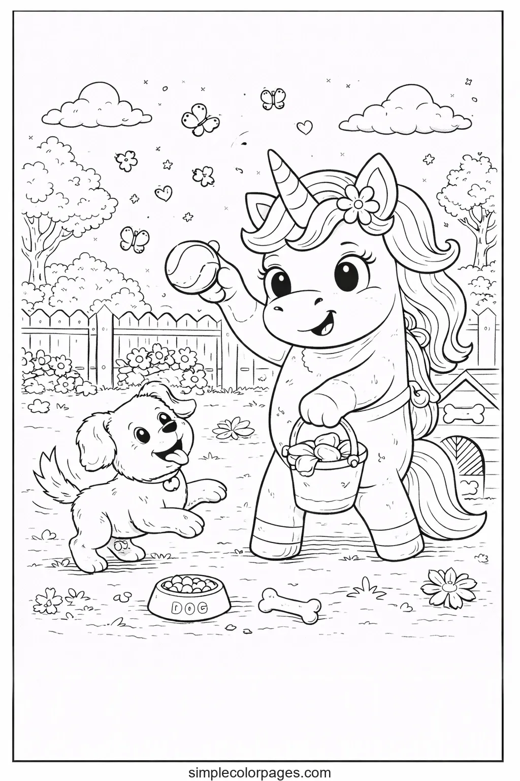 Preview of Unicorn Playing with Dog Coloring Page