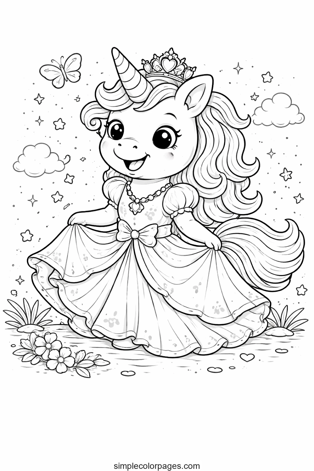 Preview of Unicorn in Princess Dress Coloring Page