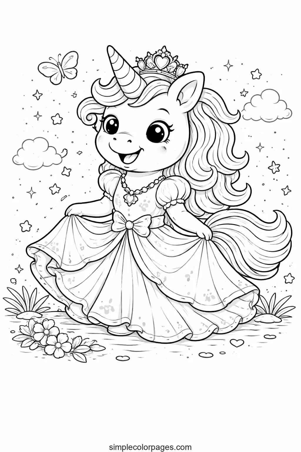 Preview of Unicorn in Princess Dress Coloring Page