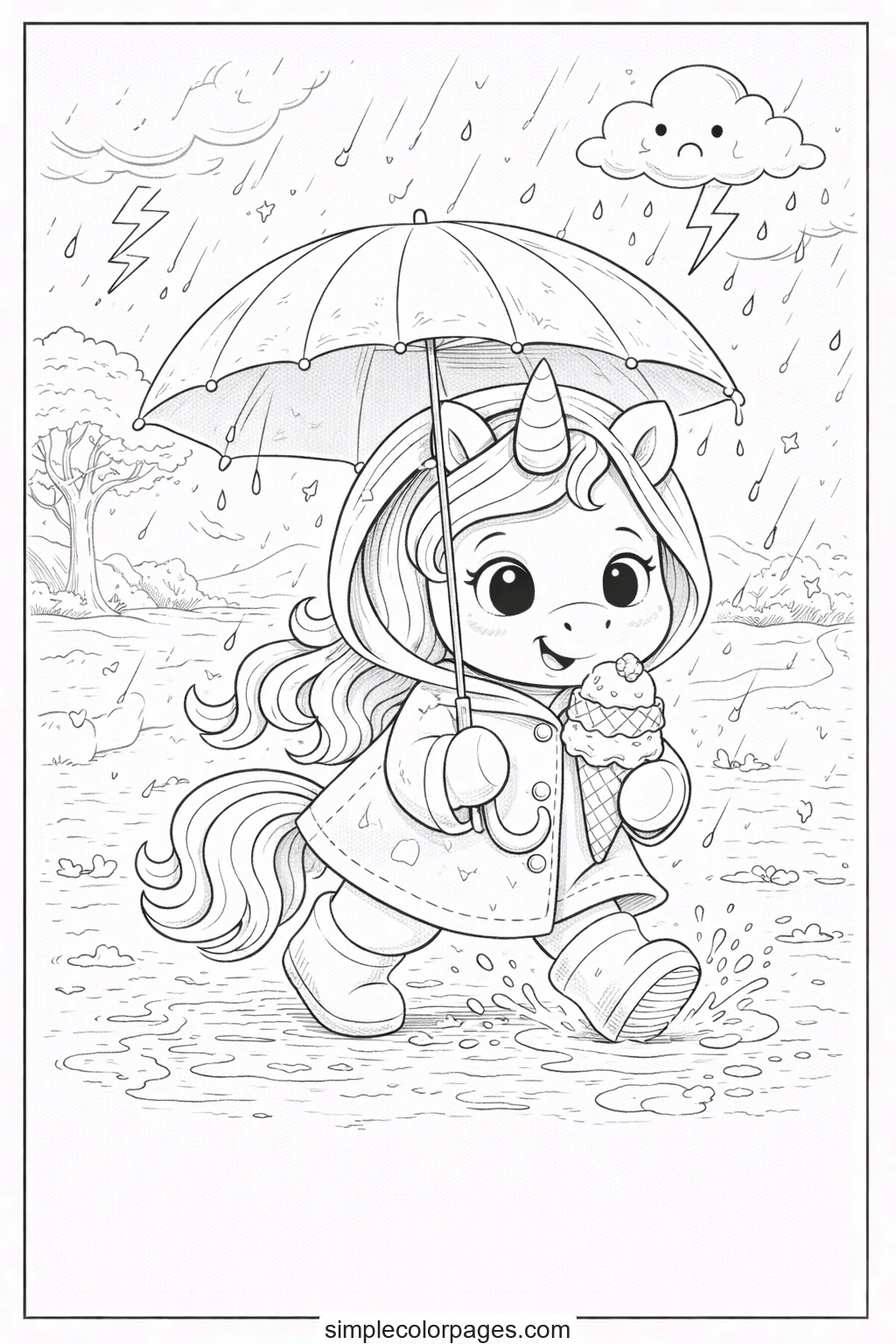 Preview of Unicorn Rainy Day Coloring Page