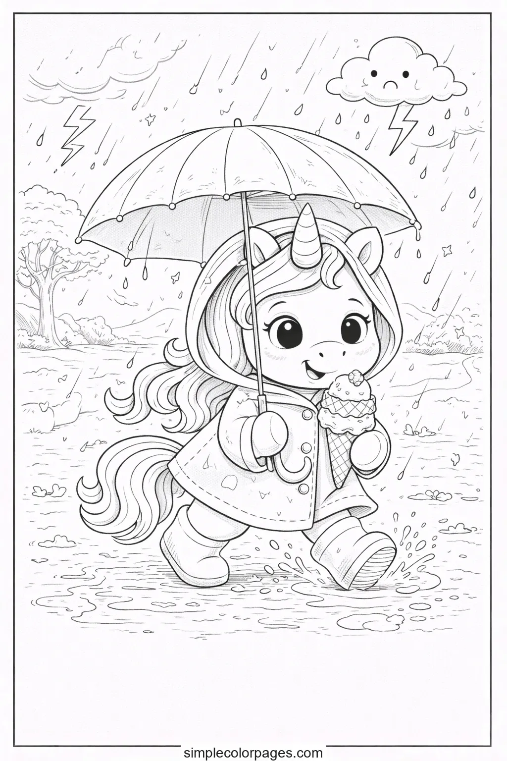 Preview of Unicorn Rainy Day Coloring Page