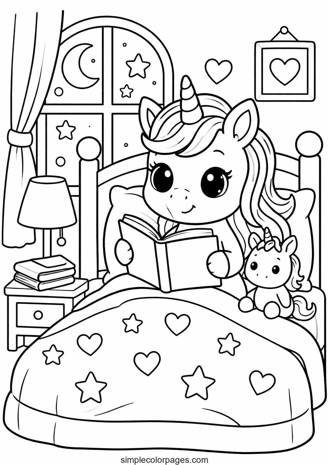 Preview of Unicorn Reading in Bed Coloring Page