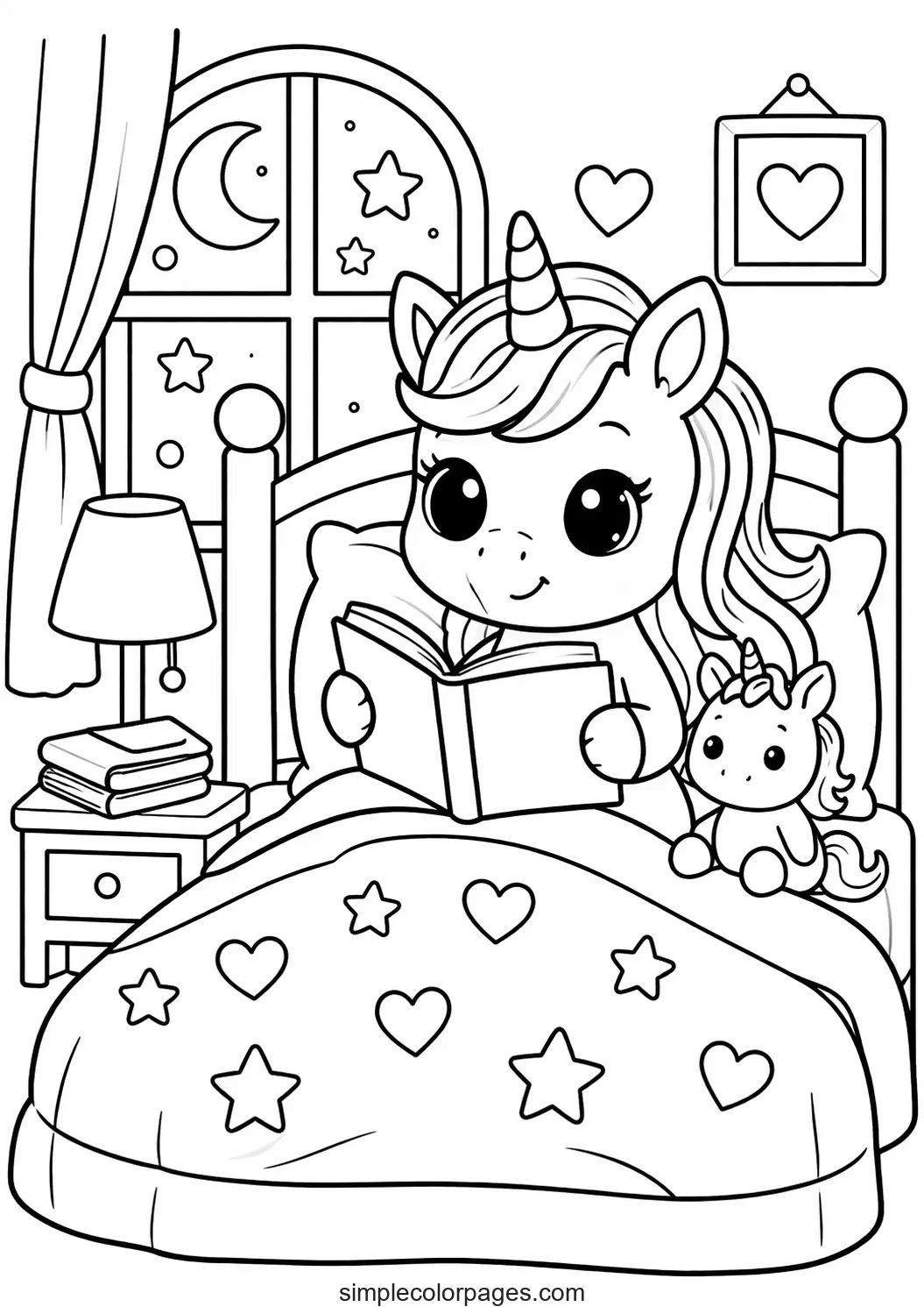 Preview of Unicorn Reading in Bed Coloring Page