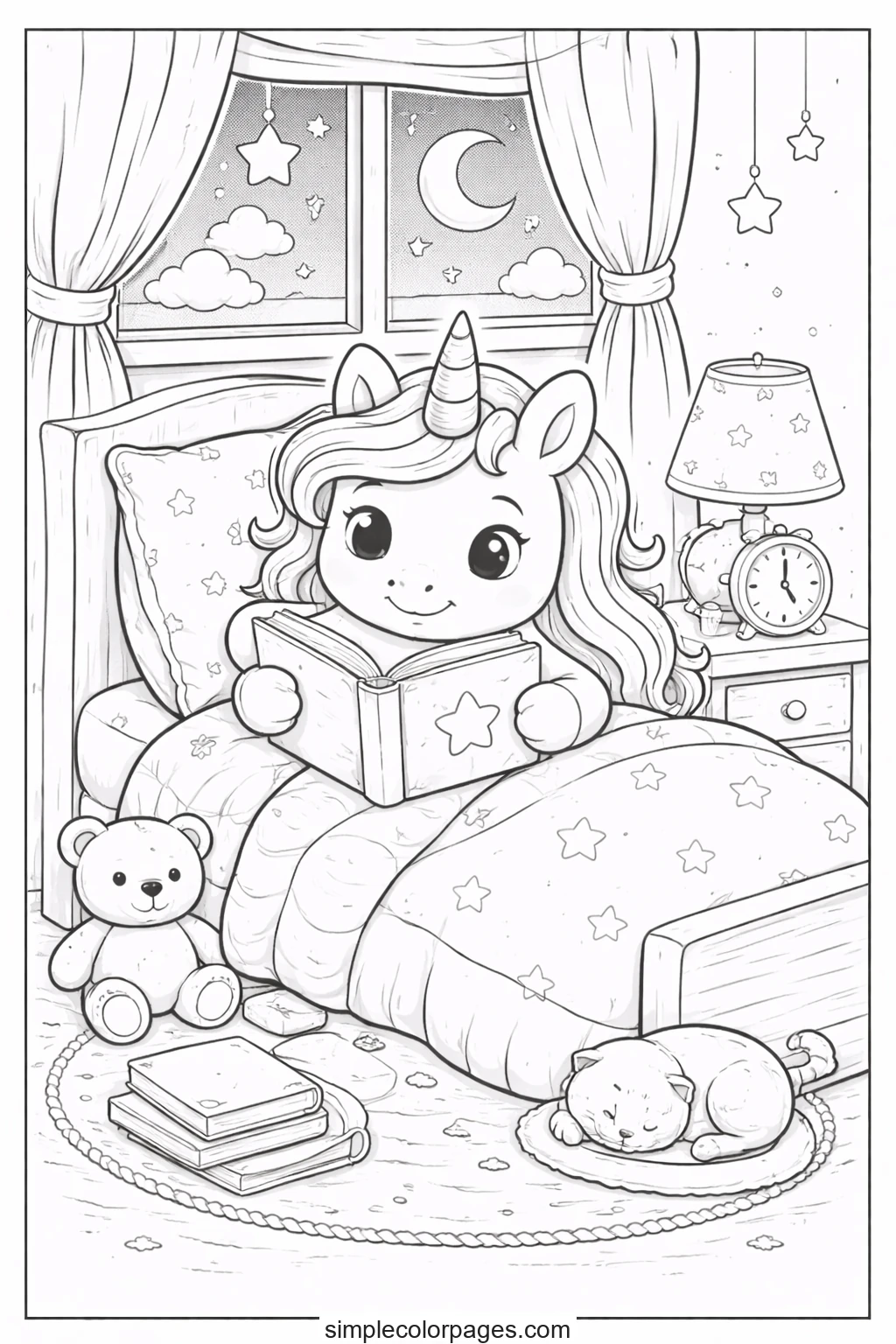 Preview of Unicorn Reading at Bedtime Coloring Page