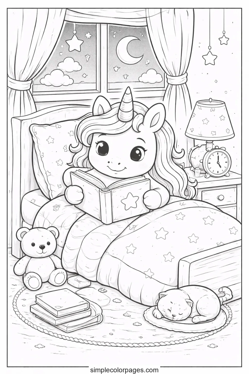 Preview of Unicorn Reading at Bedtime Coloring Page