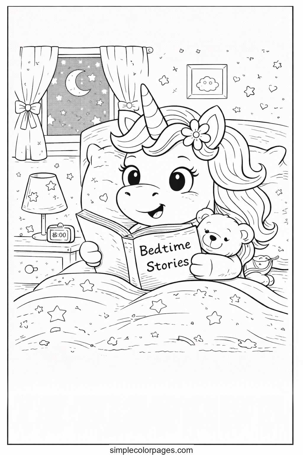 Preview of Bedtime Reading Unicorn Coloring Page