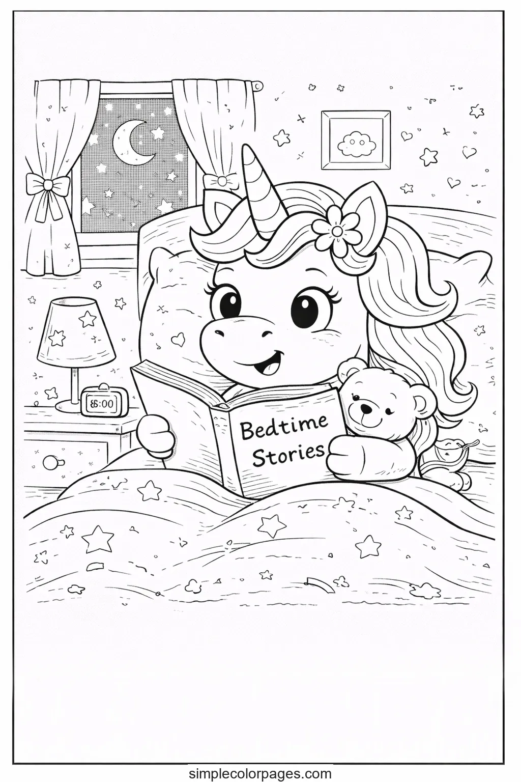 Preview of Bedtime Reading Unicorn Coloring Page