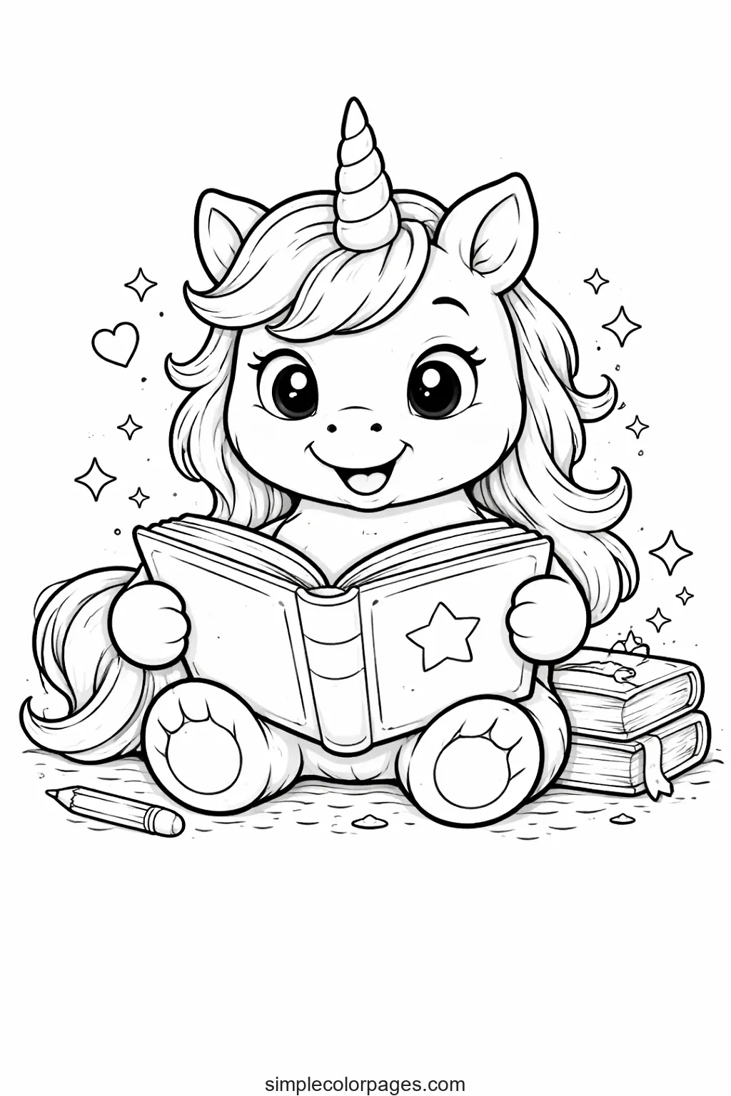 Preview of Unicorn Reading Book Coloring Page