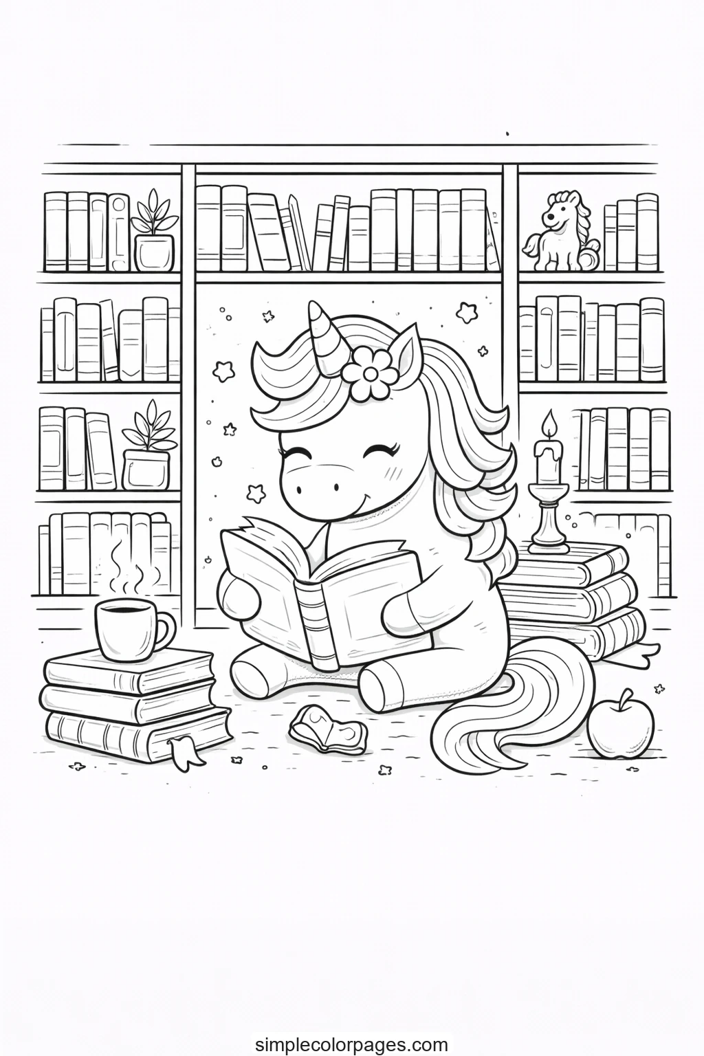 Preview of Unicorn Reading in Library Coloring Page