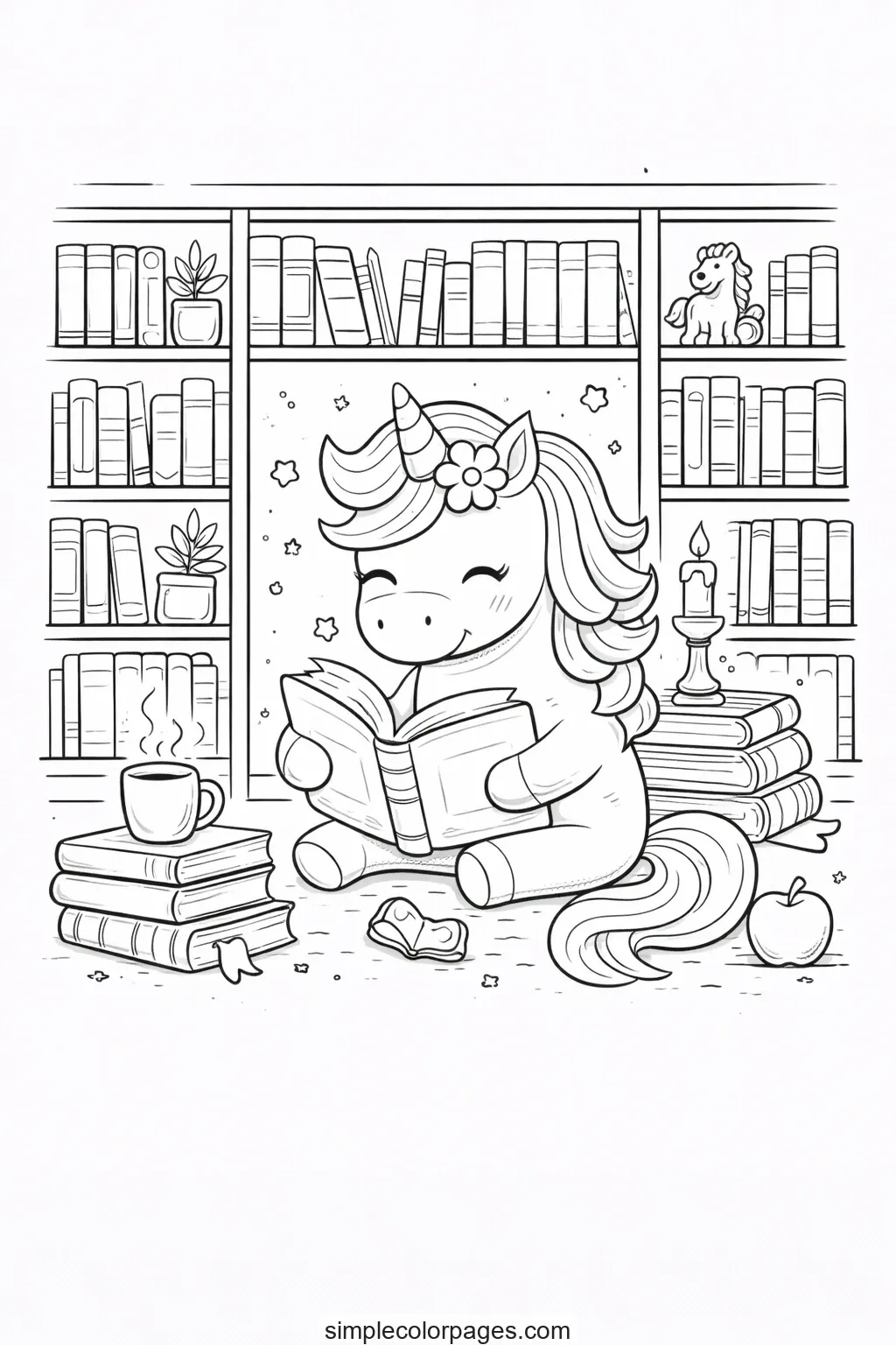Preview of Unicorn Reading in Library Coloring Page