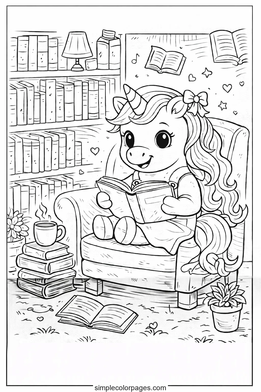 Preview of Unicorn Library Reading Coloring Page