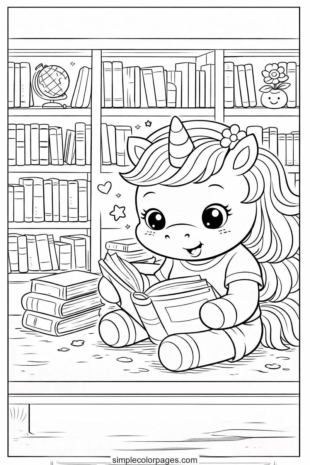Preview of Unicorn Library Books Coloring Page