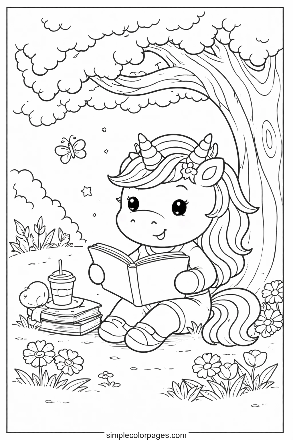 Preview of Unicorn Reading Under Tree Coloring Page