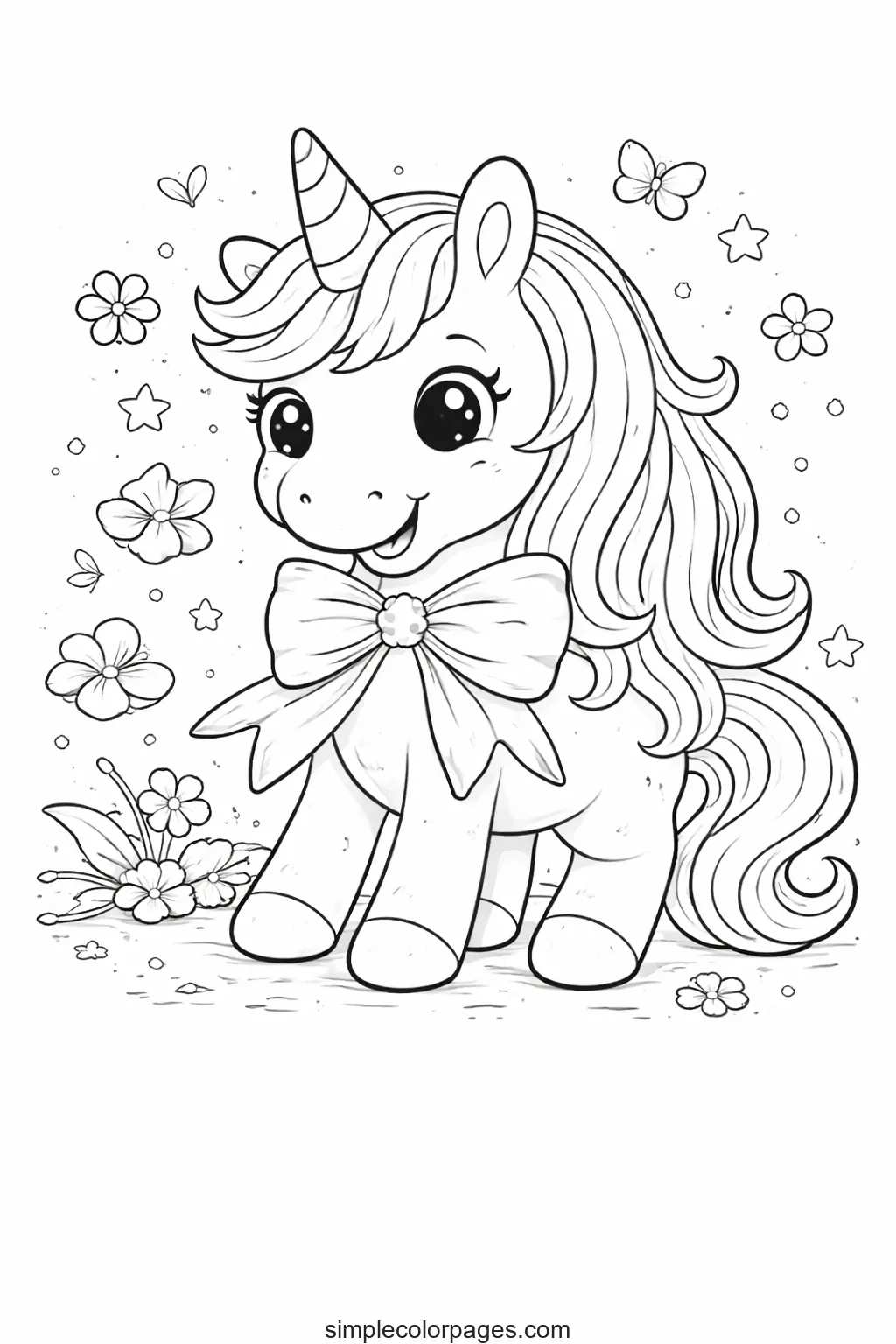 Preview of Unicorn with Ribbon Bow Coloring Page
