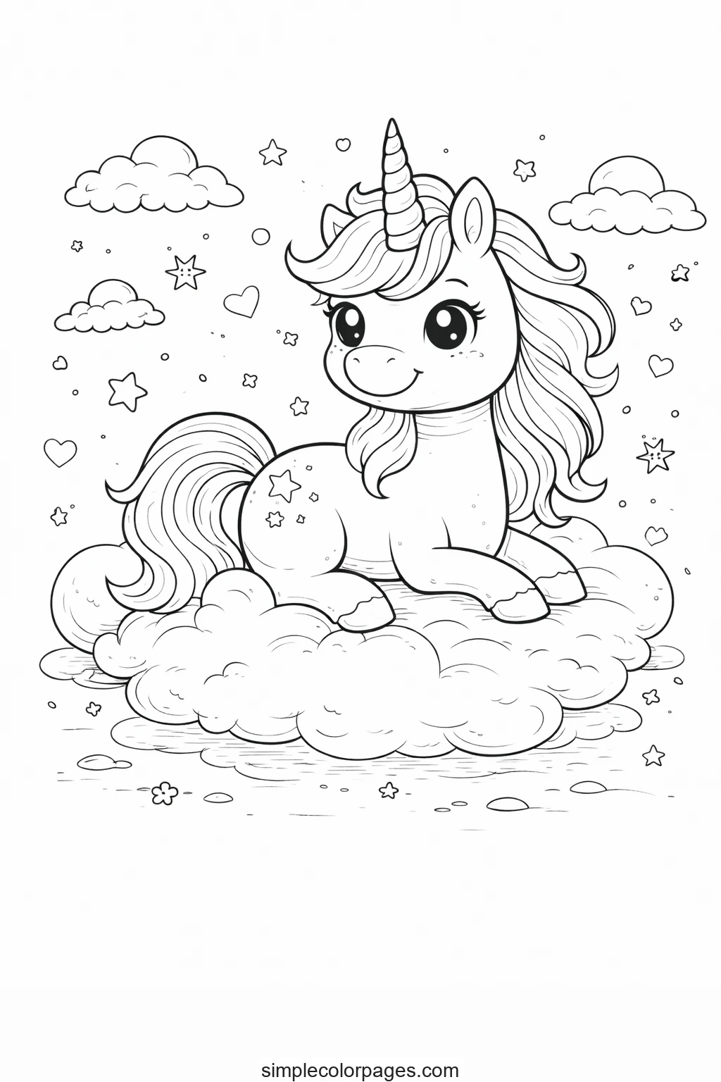 Preview of Unicorn Riding a Cloud Coloring Page