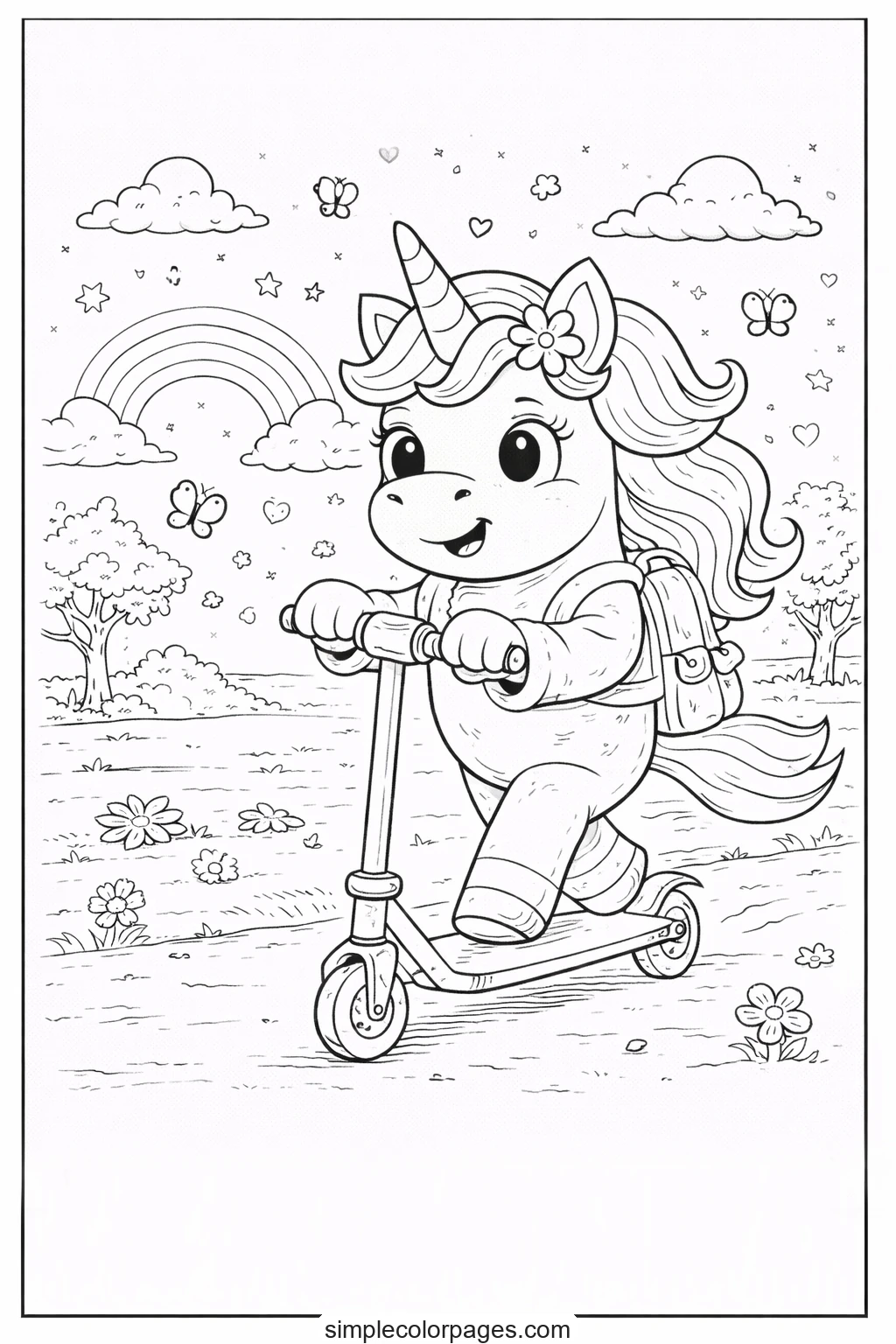 Preview of Unicorn Riding Scooter Coloring Page