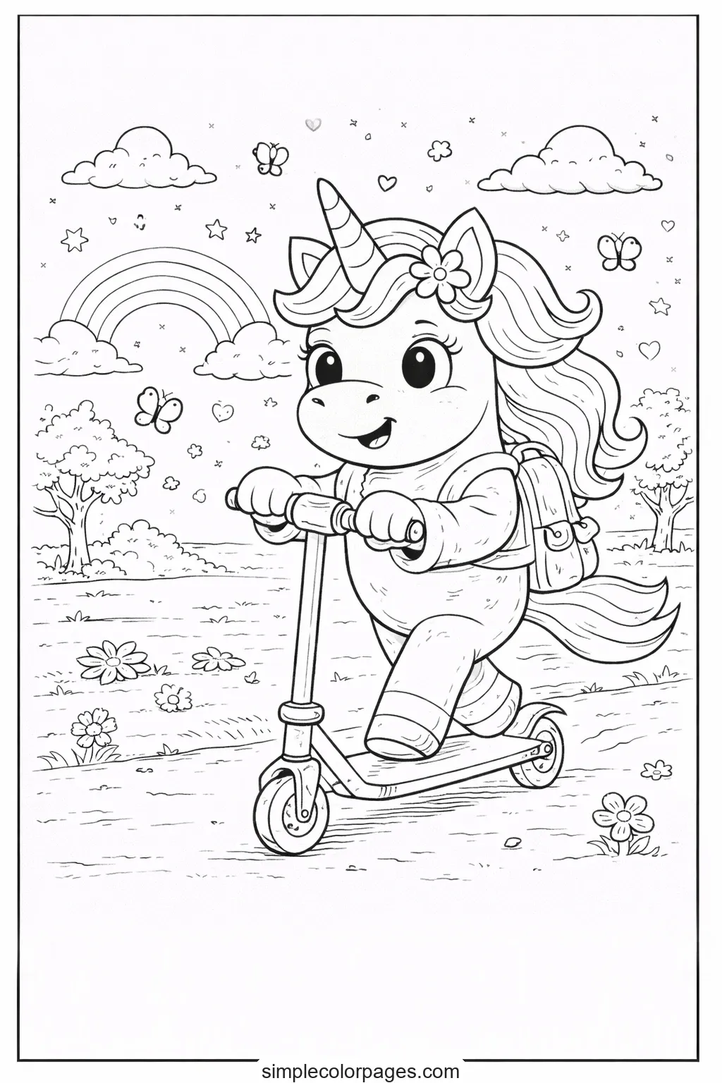 Preview of Unicorn Riding Scooter Coloring Page