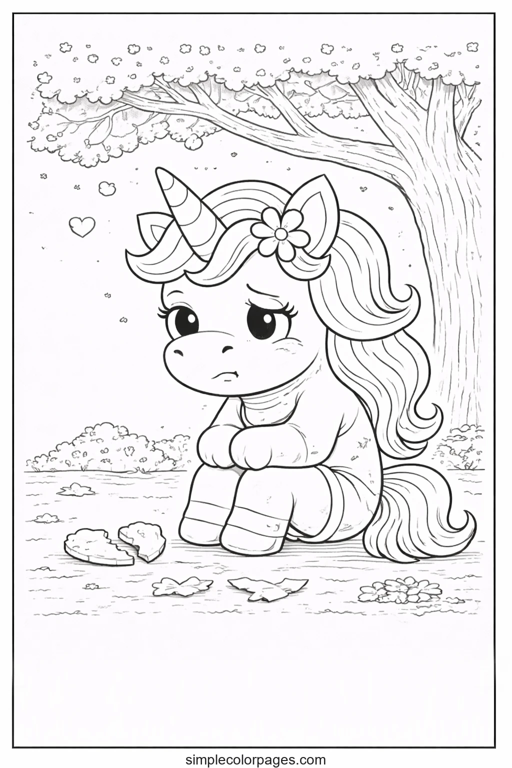 Preview of Sad Unicorn Alone Coloring Page