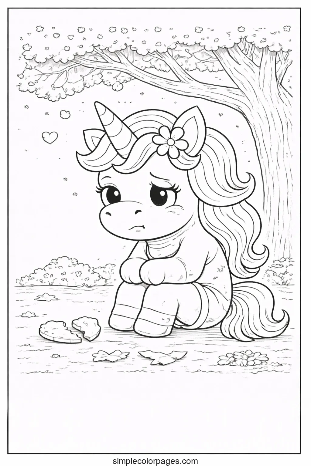 Preview of Sad Unicorn Alone Coloring Page