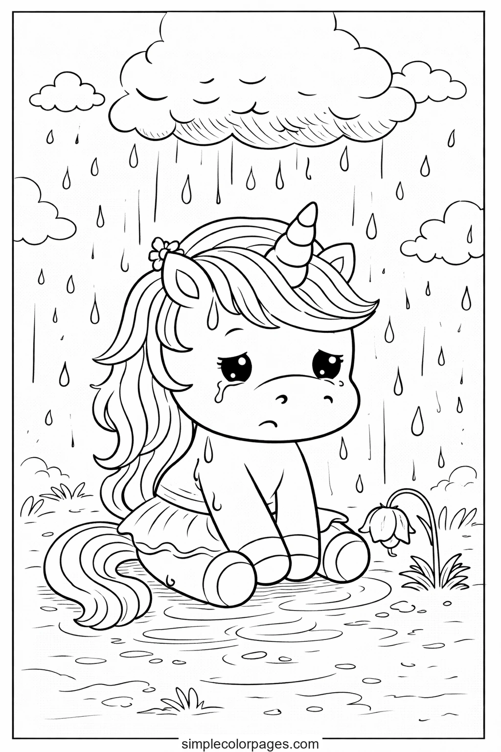 Preview of Sad Unicorn in Rain Coloring Page
