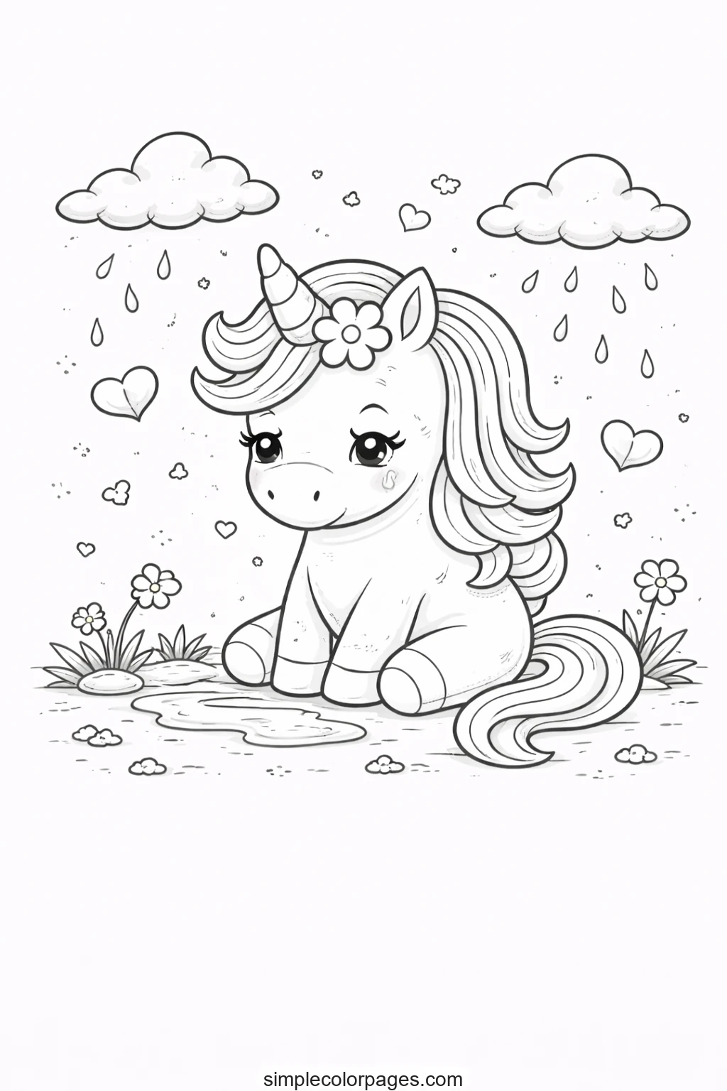 Preview of Sad Sitting Unicorn Coloring Page
