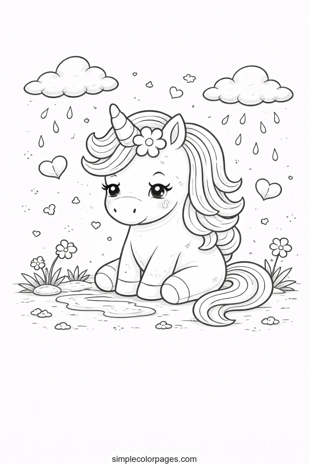 Preview of Sad Sitting Unicorn Coloring Page
