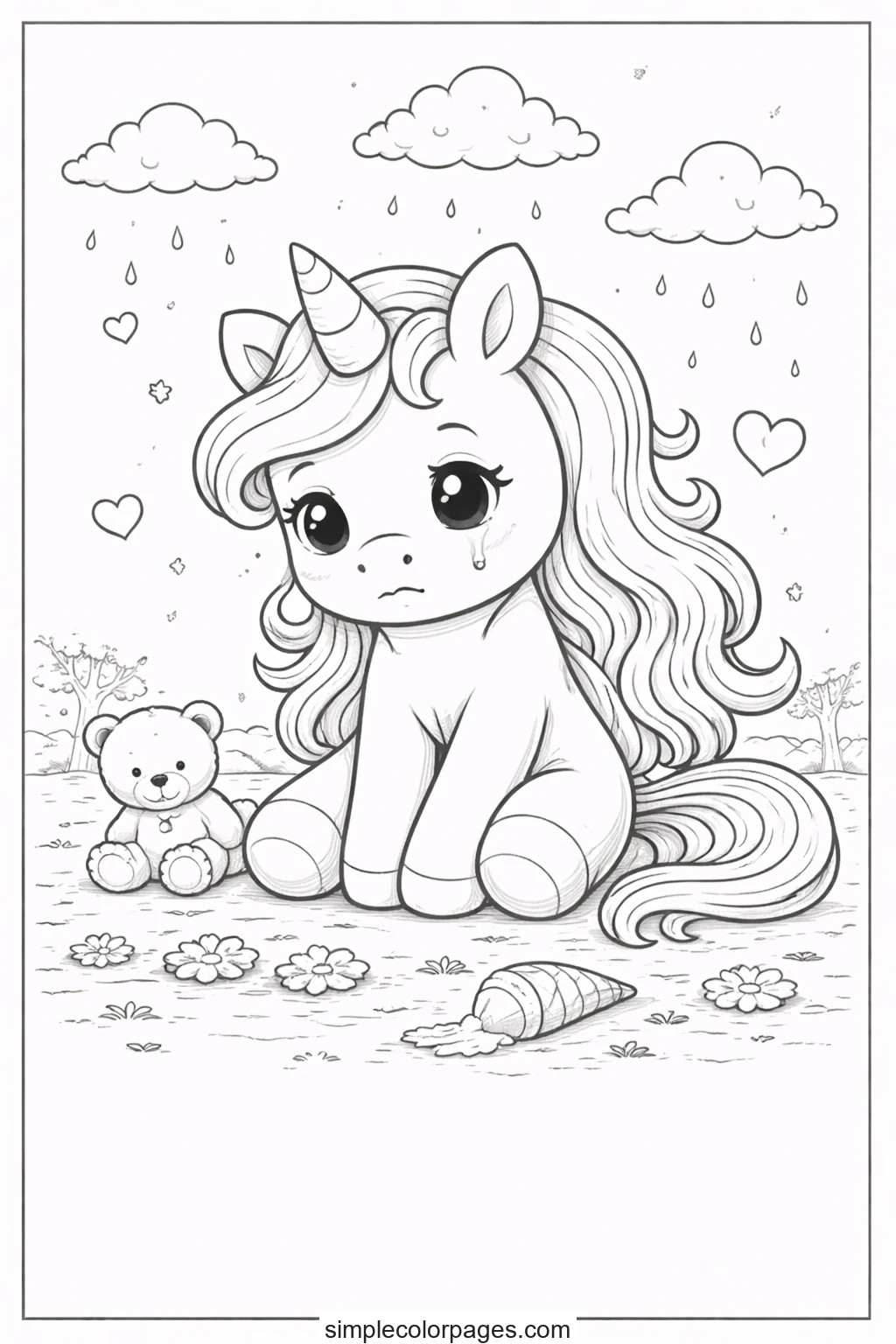 Preview of Unicorn Sad Tear Coloring Page