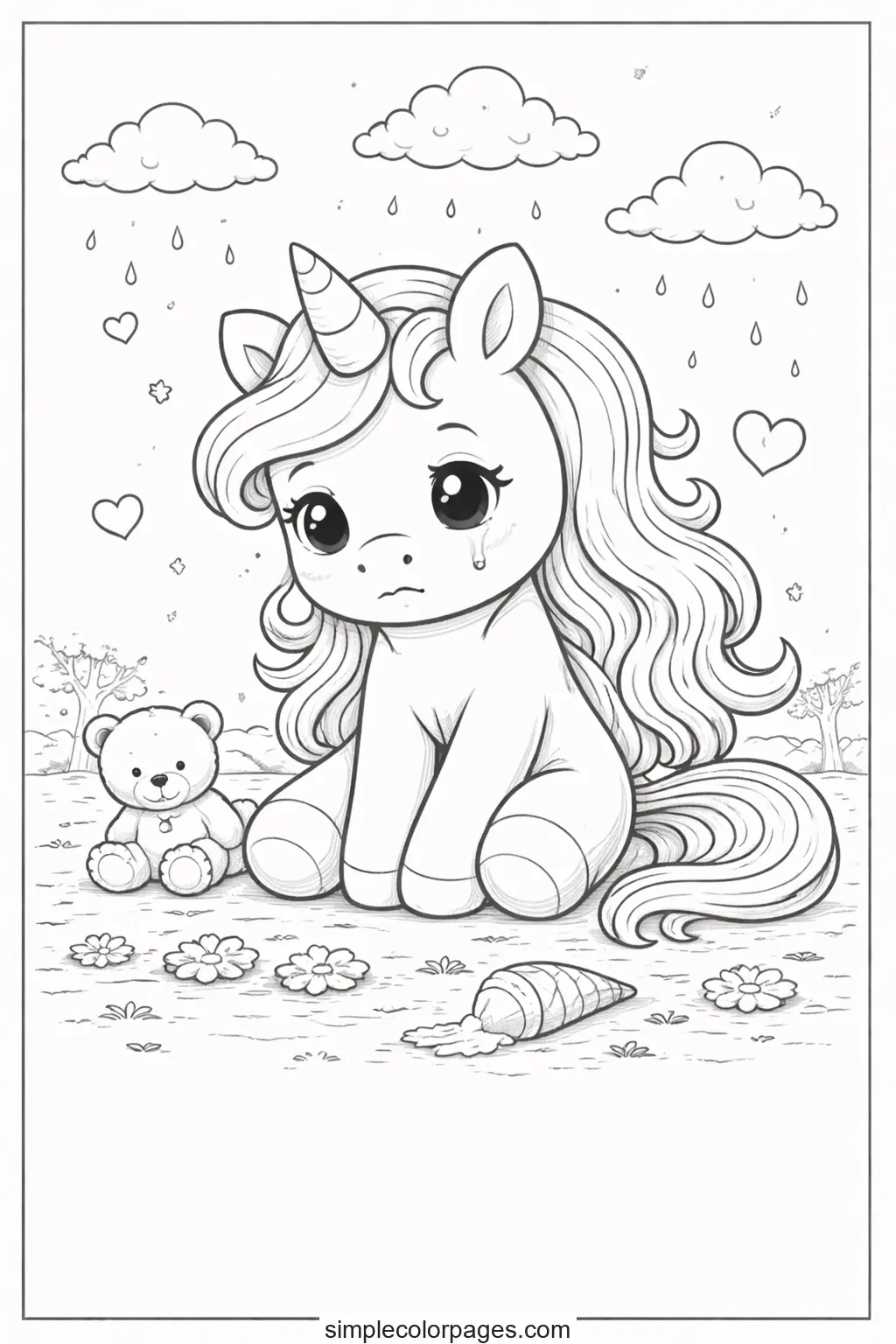 Preview of Unicorn Sad Tear Coloring Page
