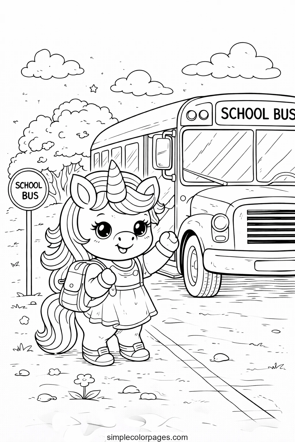 Preview of Unicorn School Bus Coloring Page