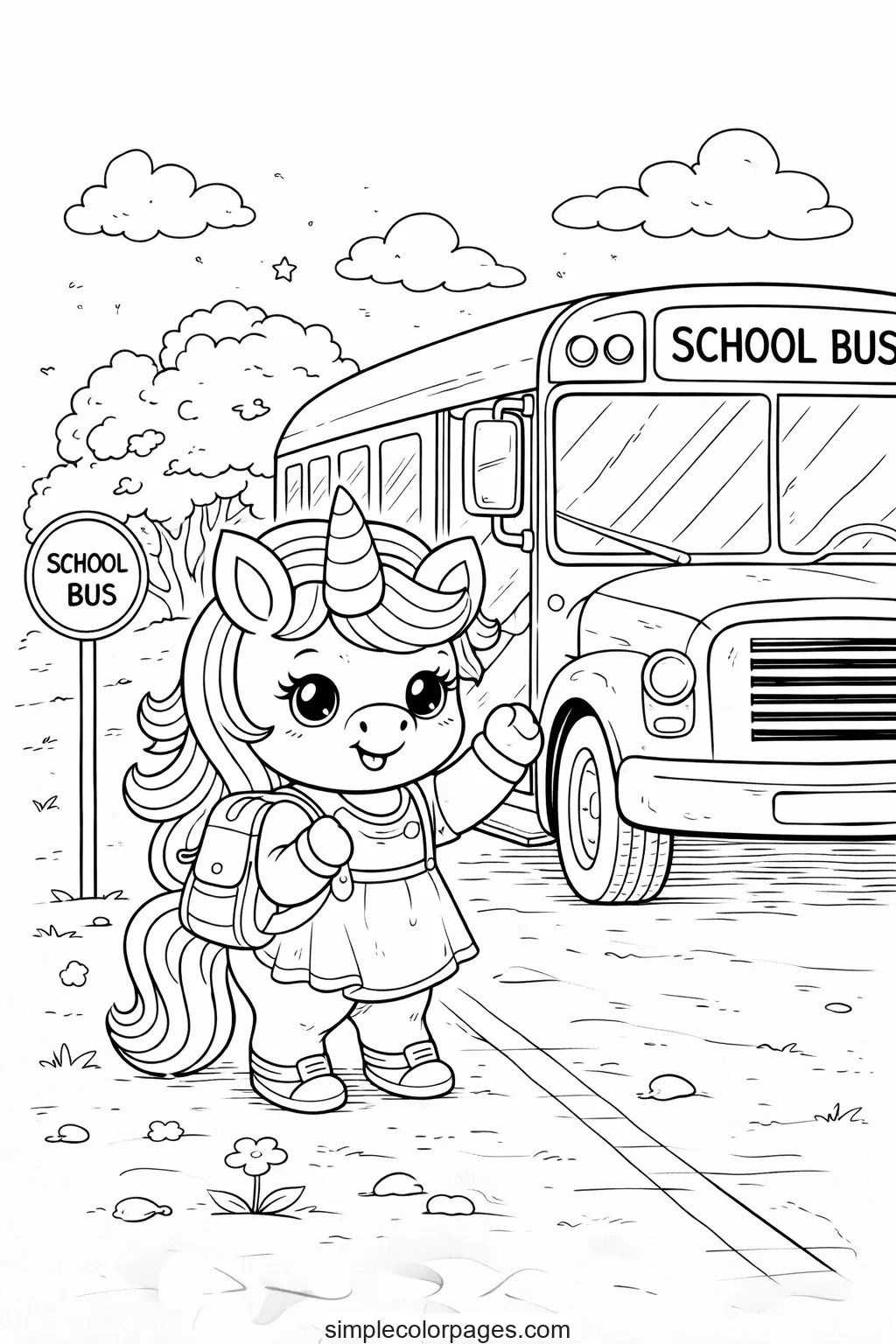 Preview of Unicorn School Bus Coloring Page