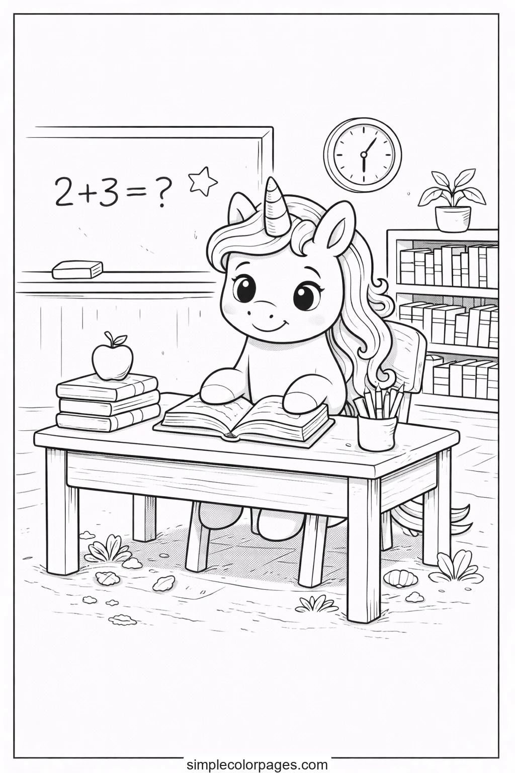 Preview of Unicorn School Classroom Coloring Page