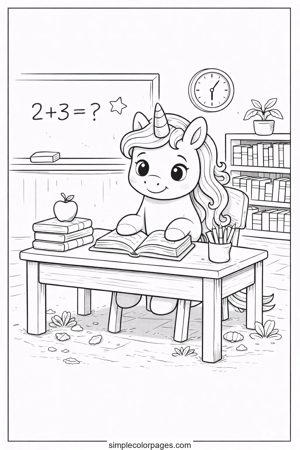 Preview of Unicorn School Classroom Coloring Page
