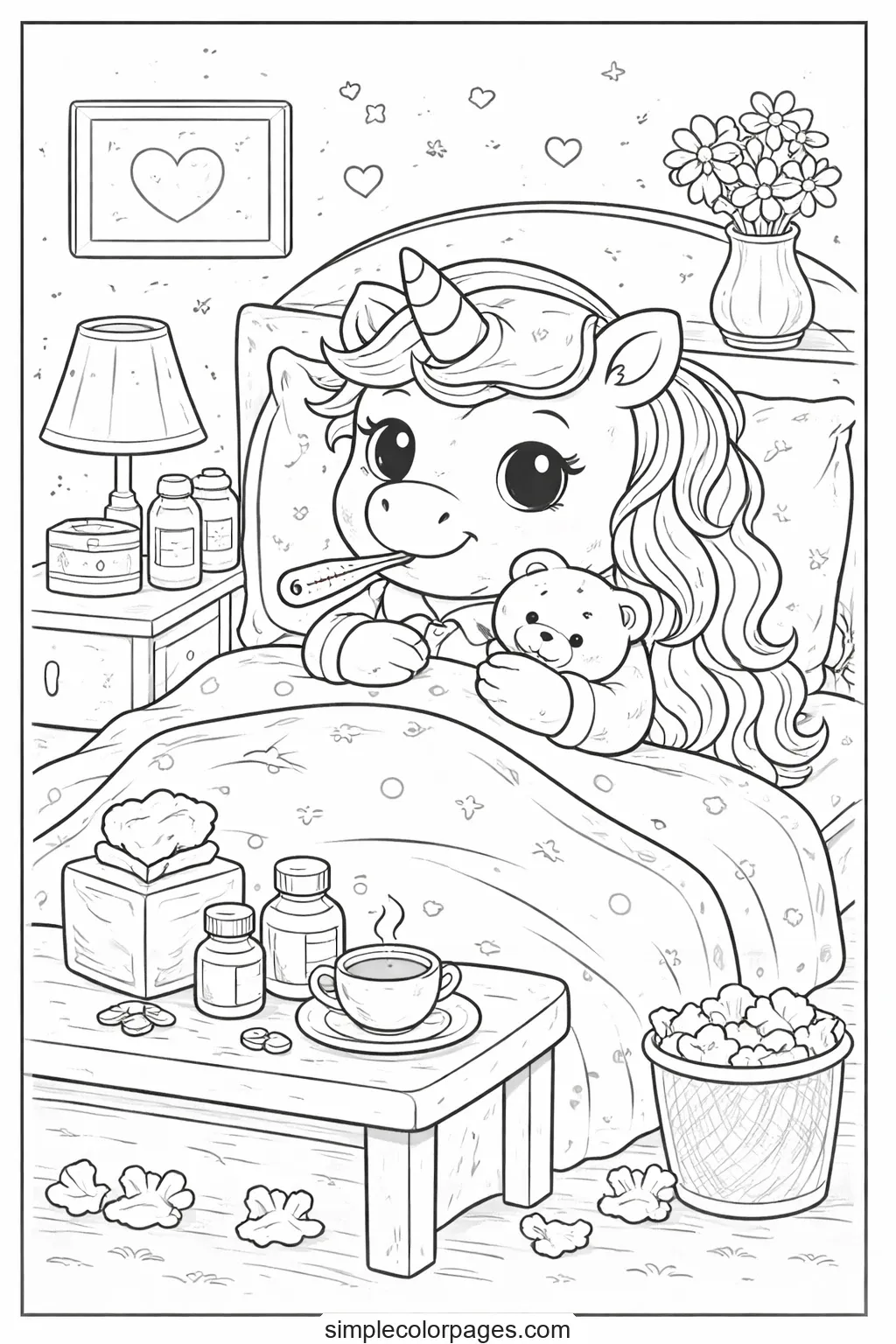 Preview of Sick Unicorn in Bed Coloring Page