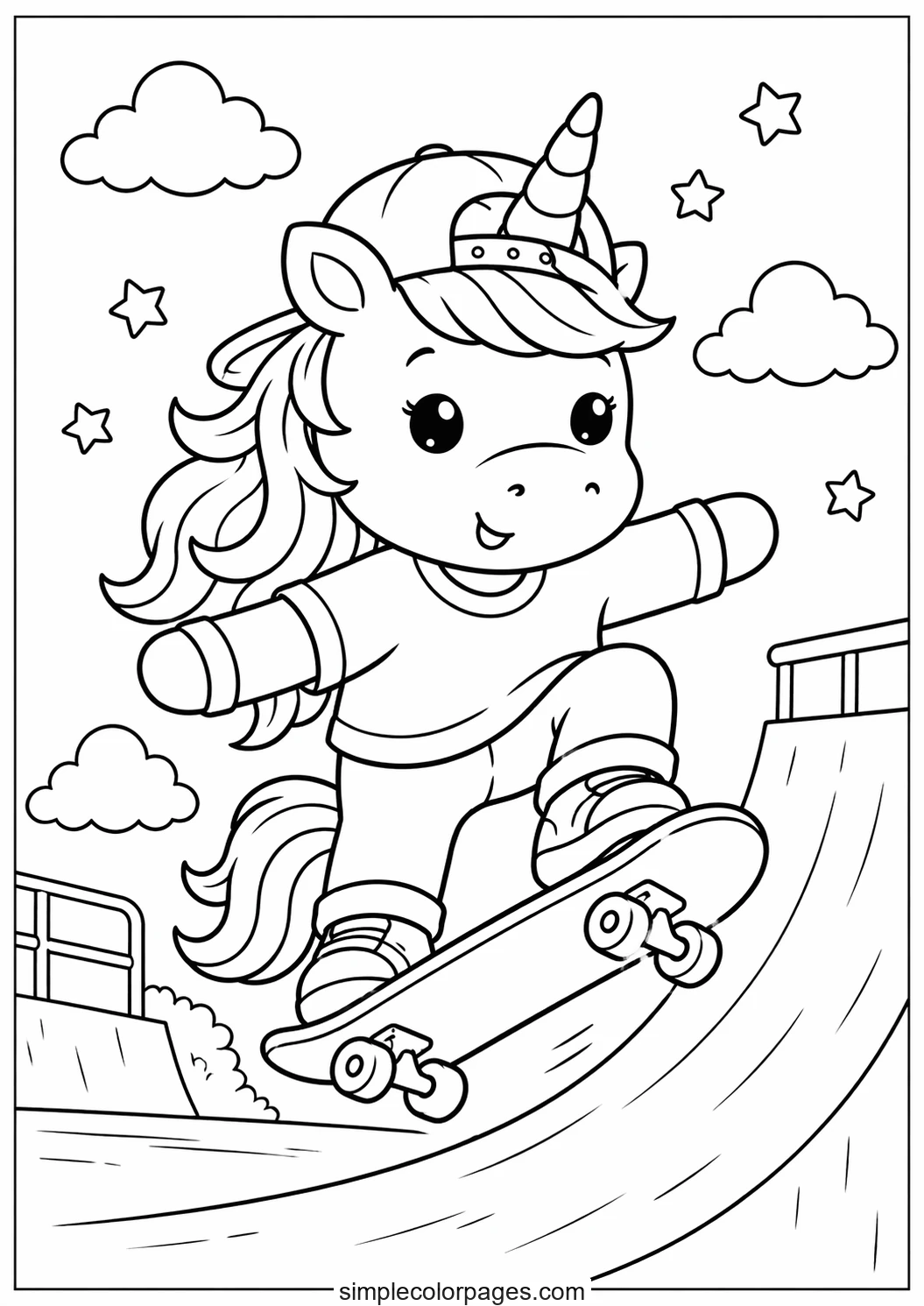 Preview of Unicorn Skateboarding Coloring Page