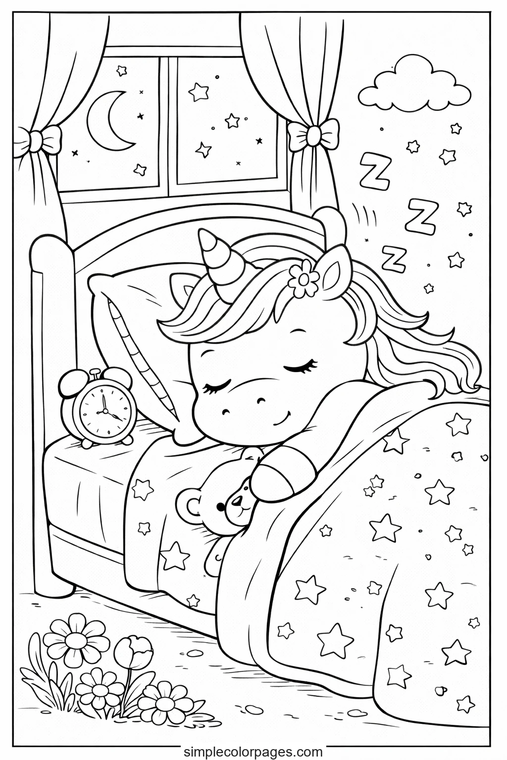 Preview of Unicorn Sleeping in Bed Coloring Page
