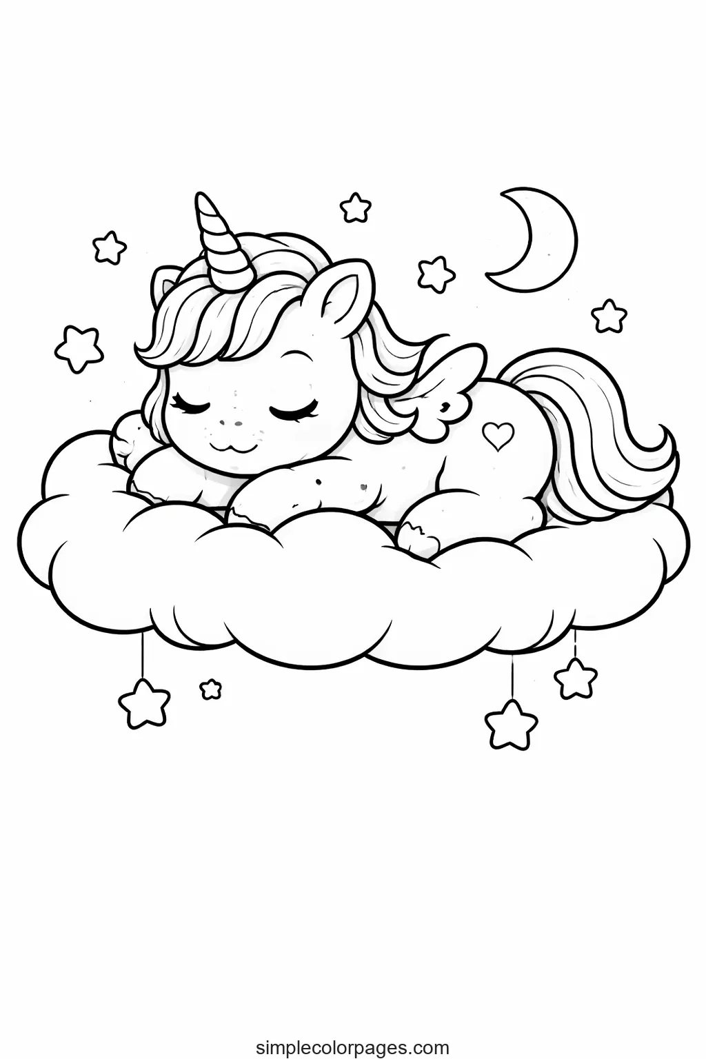 Preview of Unicorn Sleeping on Cloud Coloring Page