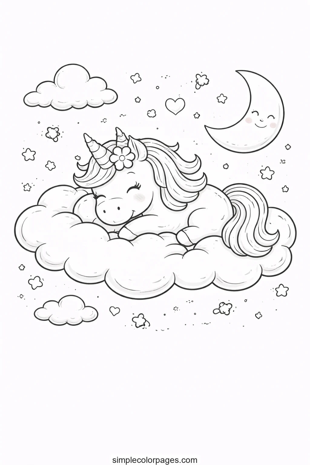 Preview of Sleeping Unicorn on Cloud Coloring Page