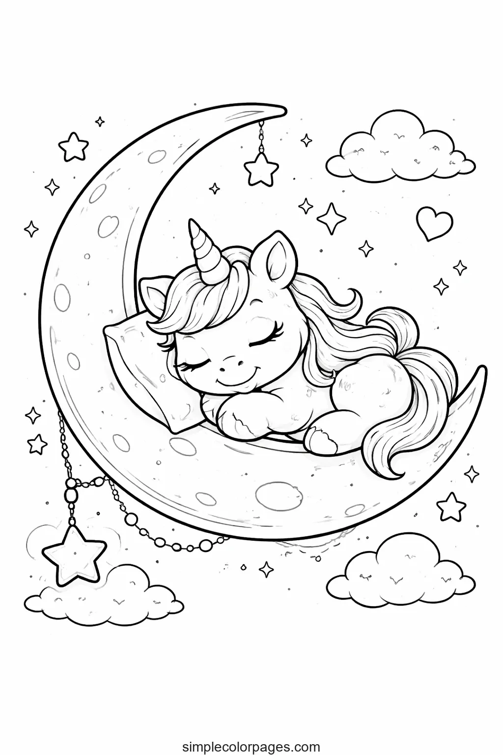 Preview of Unicorn Sleeping on Moon Coloring Page