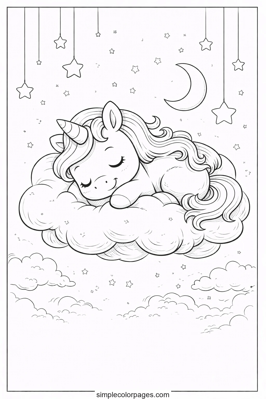 Preview of Unicorn Sleeping with Stars Coloring Page