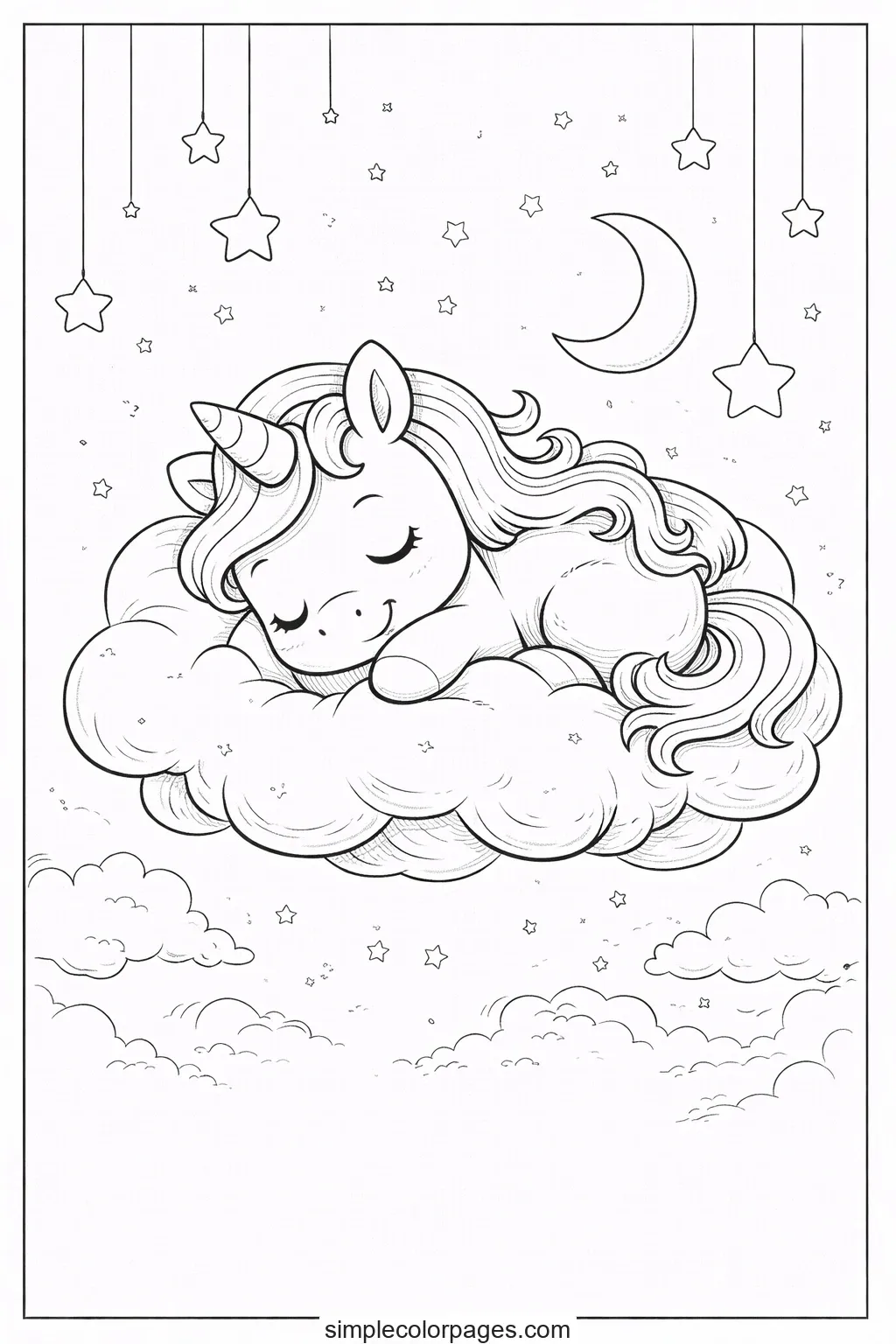 Preview of Unicorn Sleeping with Stars Coloring Page