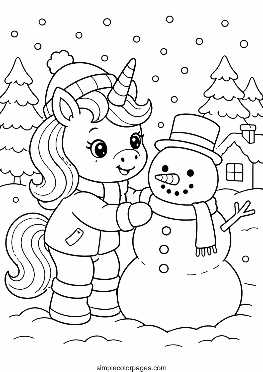 Preview of Unicorn with Snowman Coloring Page