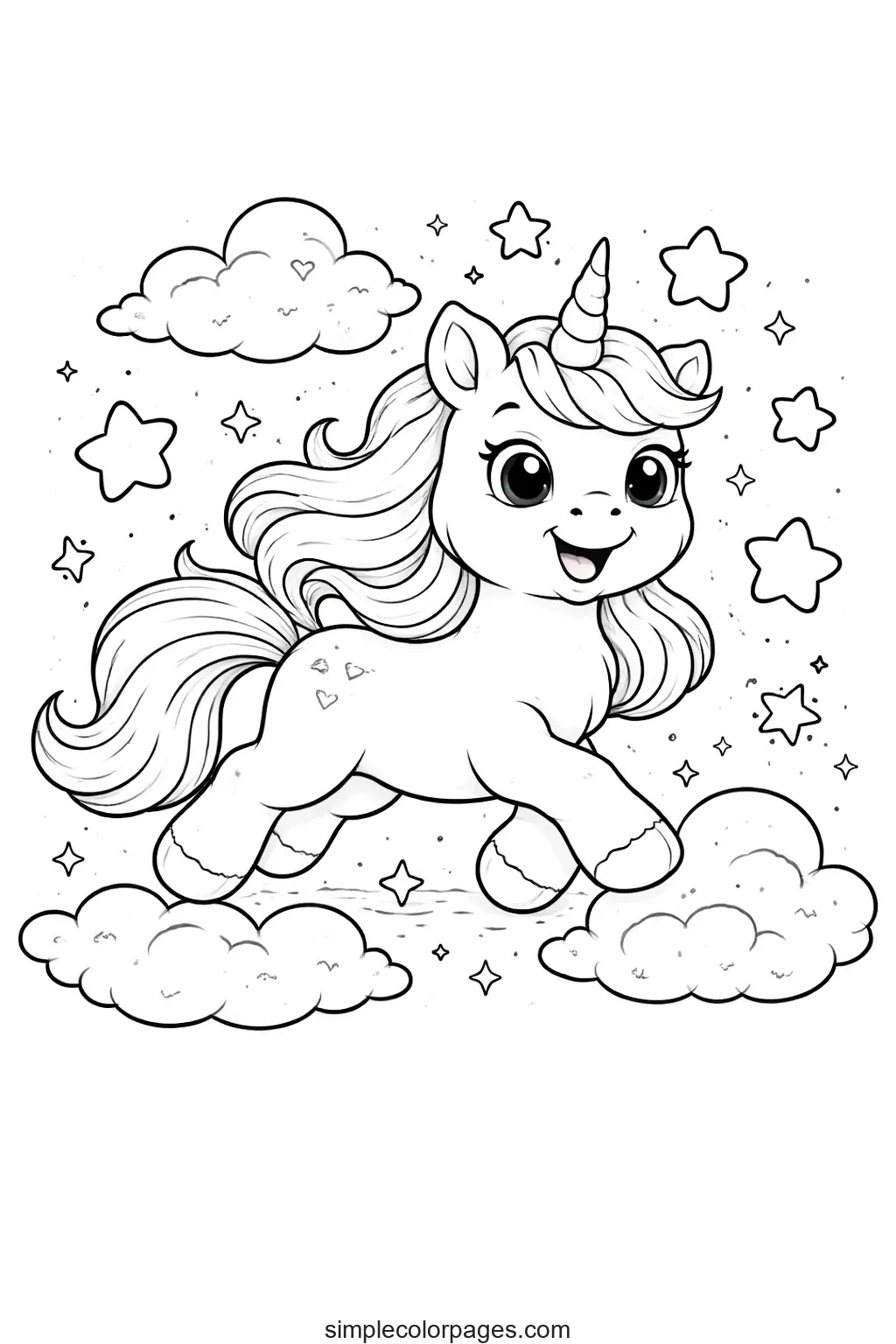 Preview of Unicorn with Stars and Clouds Coloring Page