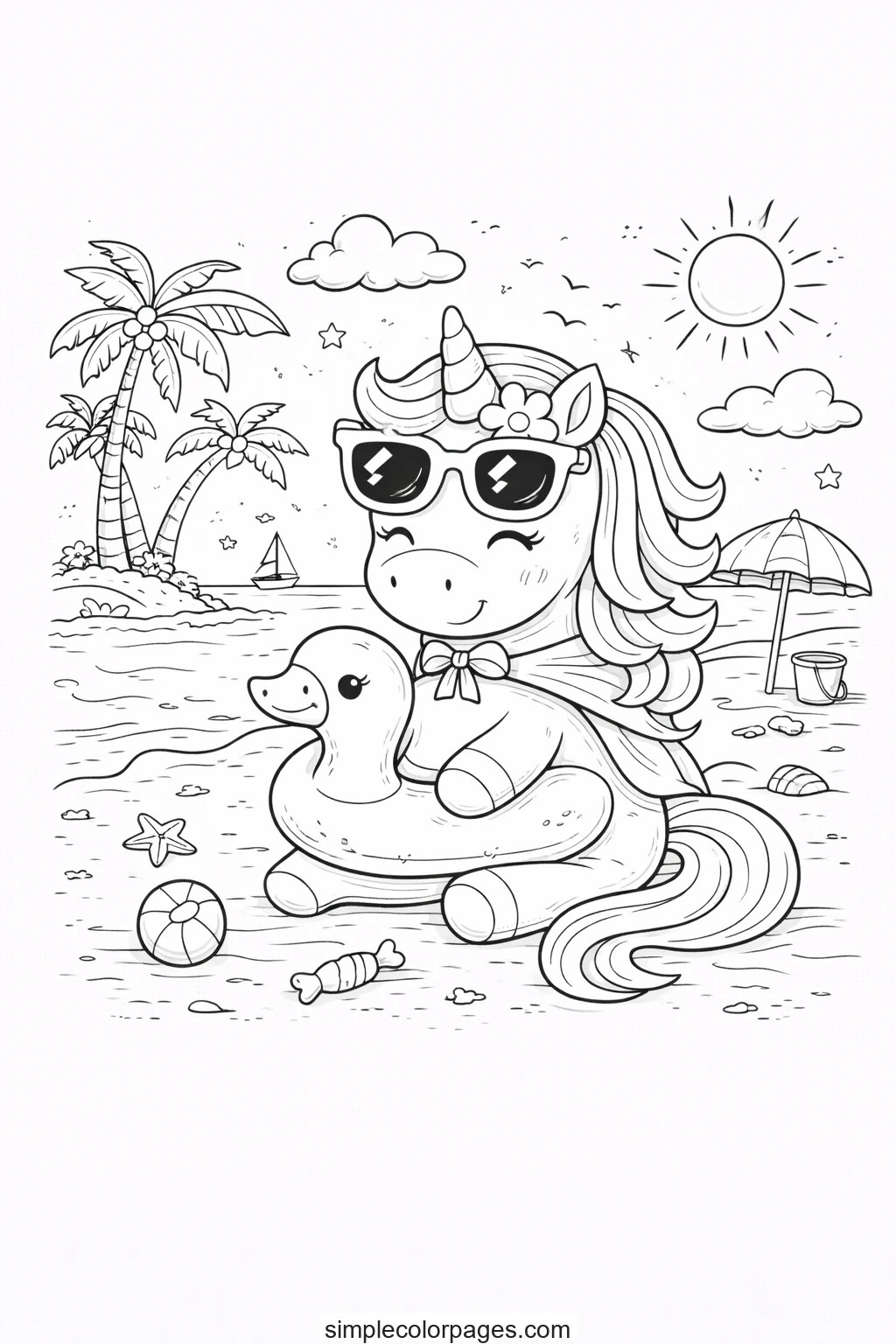 Preview of Unicorn Summer Beach Coloring Page