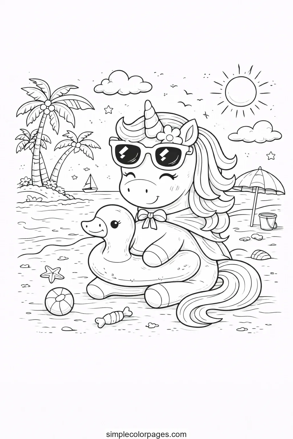Preview of Unicorn Summer Beach Coloring Page