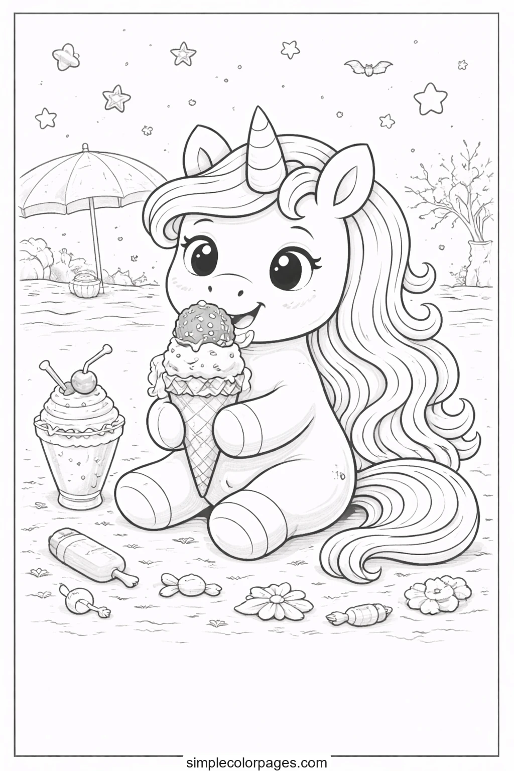 Preview of Unicorn Summer Ice Cream Coloring Page